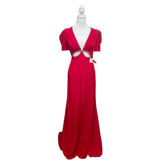 Mac Duggal V Neck Embellished Cut Out Gown Maxi Dress 8 Red NWT - Picture 4 of 10